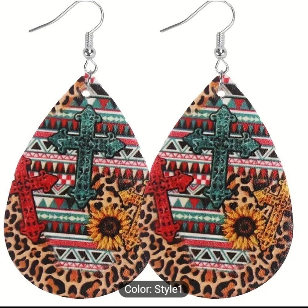 Cross earrings teardrop women's faux leather new d81